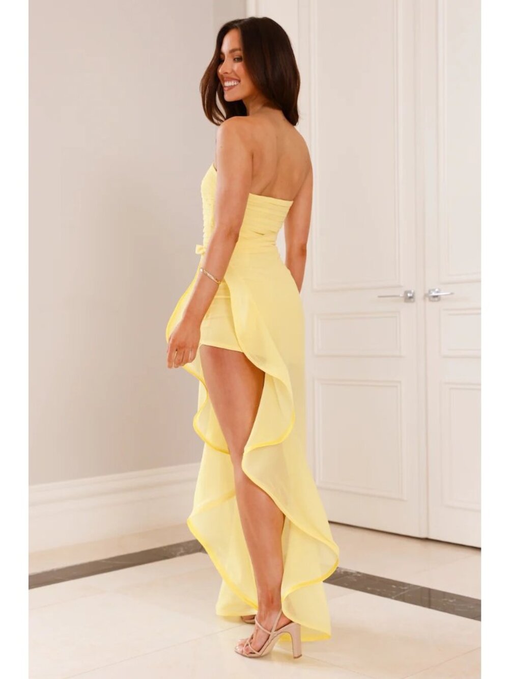 Hello Molly M Celebrating Love Maxi Dress Yellow Frill Strapless Sheer Fairycore - Picture 2 of 16